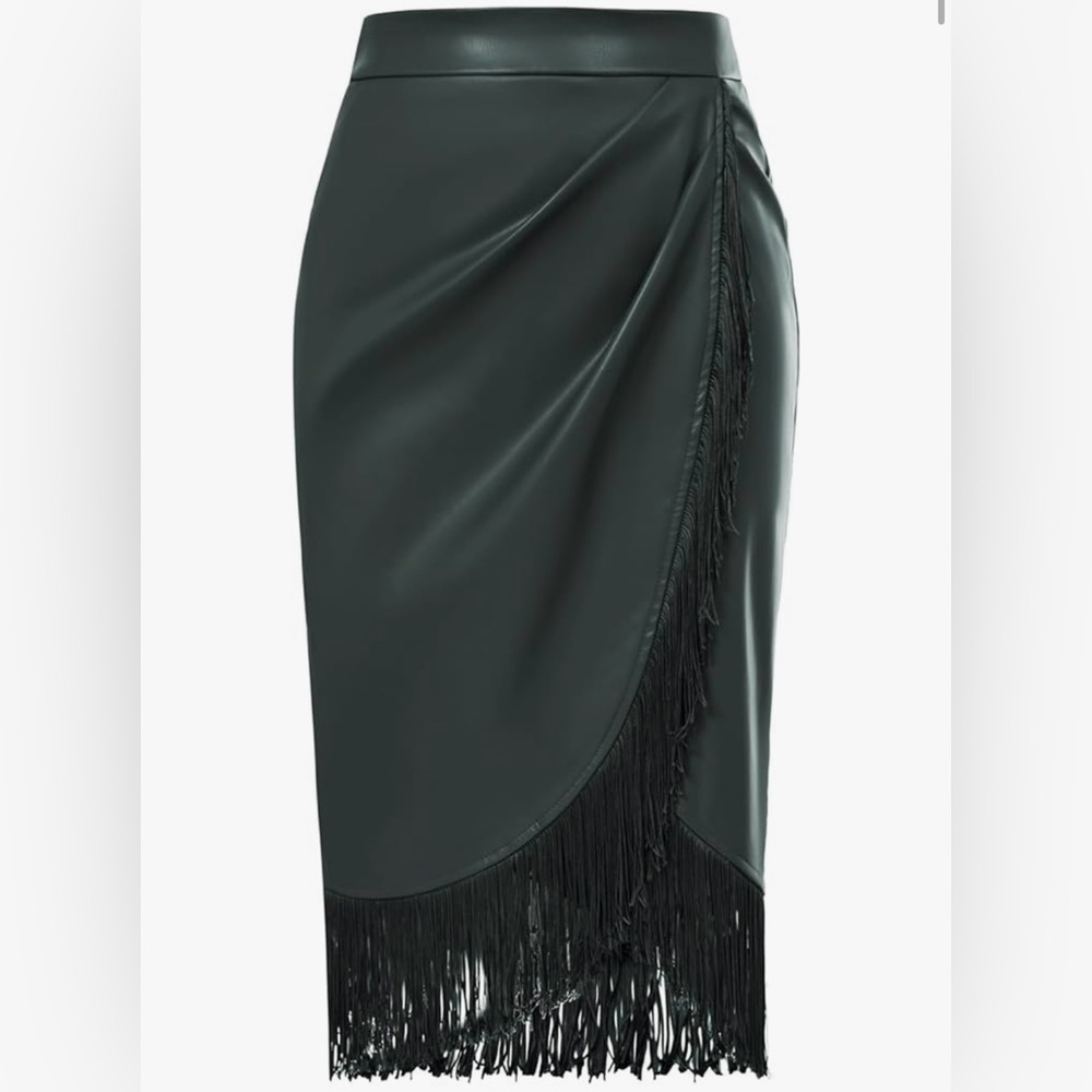 Elegant Faux-leather Fringe Midi Skirt